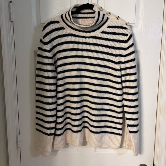 Tory Burch Jennifer Navy Cream Striped Wool Cashmere Turtleneck Sweater, Size XL - Picture 1 of 9
